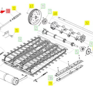 Oryginalna sprężyna napinacza listw podajnika pochyłego o numerze katalogowym 100023702, stosowana w kombajnach zbożowych marki Rostselmash. schemat