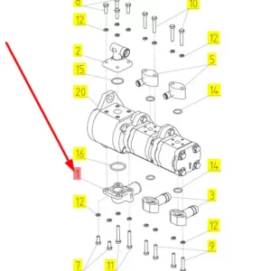 Oryginalne kolanko hydrauliczne pompy o numerze katalogowym 100030179, stosowane w kombajnach zbożowych marki Rostselmash schemat.
