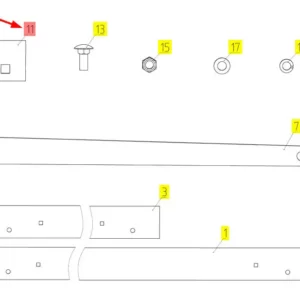Oryginalna płytka mocująca metalowa o numerze katalogowym 100106459, stosowana w hederach kombajnów zbożowych marki Rostselmash. Schemat