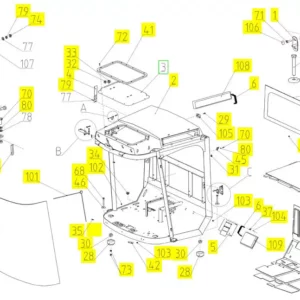 Oryginalna szyba przednia kabiny o numerze katalogowym 100232609, stosowana w kombajnach zbożowych marki Rostselmash schemat.