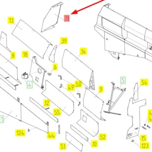 Oryginalny element obudowy, lewa strona o numerze katalogowym 100239774, stosowany w kombajnach zbożowych marki Rostselmash. schemat