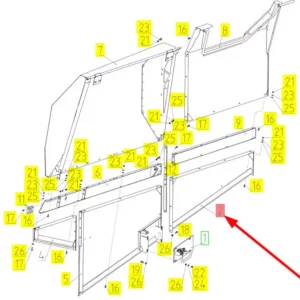 Oryginalny element obudowy prawa strona o numerze katalogowym 100253351, stosowany w kombajnach zbożowych marki Rostselmash. schemat