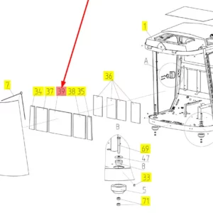 Oryginalna uszczelka kabiny o numerze katalogowym 100406765, stosowana w kombajnach zbożowych marki Rostselmash schemat.