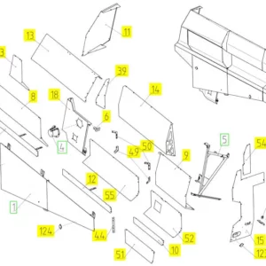 Oryginalny element obudowy lewa strona o numerze katalogowym 100491479, stosowany w kombajnach zbożowych marki Rostselmash. schemat