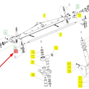 Oryginalna dźwignia zwrotnicy o numerze katalogowym 100511124, stosowana w kombajnach zbożowych marki Rostselmash. schemat