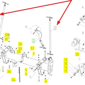 Oryginalne mocowanie belki osi przedniej o numerze katalogowym 100533335, stosowane w kombajnach zbożowych marki Rostselmash. schemat