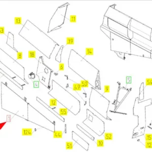 Oryginalny kompletny element obudowy lewej strony o numerze katalogowym 100575740, stosowany w kombajnach zbożowych marki Rostselmash. schemat