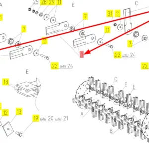 Oryginalny nóż siekacza słomy ruchomy o numerze katalogowym 100680828, stosowana w kombajnach zbożowych marki Rostselmash schemat.