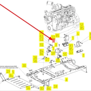 Oryginalne mocowanie silnika o numerze katalogowym 100682458, stosowane w kombajnach zbożowych marki Rostselmash schemat