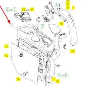 Oryginalny podłokietnik funkcyjny o numerze katalogowym 100686706, stosowany w kombajnach zbożowych marki Rostselmash schemat.