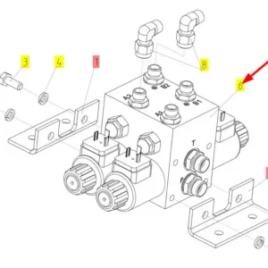 Oryginalny blok hydrauliczny o numerze katalogowym 100775356, stosowany w kombajnach zbożowych marki Rostselmash schemat.