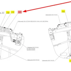 Oryginalny przewód hydrauliczny gumowy o numerze katalogowym 100779423, stosowany w hederach zbożowych marki Rostselmash. Schemat