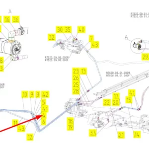 Oryginalny przewód hydrauliczny o numerze katalogowym 100843038, stosowany w kombajnach zbożowych marki Rostselmash schemat.