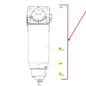 Oryginalny filtr paliwa wraz z obudową o numerze katalogowym 101084557, stosowany w kombajnach zbożowych marki Rostselmash schemat.