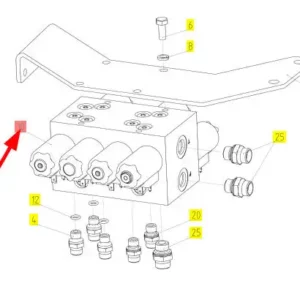 Oryginalny blok hydrauliczny zaworów o numerze katalogowym 101257757, stosowany w kombajnach zbożowych marki Rostselmash schemat.