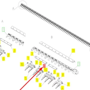 Oryginalna prowadnica bagnetów 6 mm 3 otworowa o numerze katalogowym 101557669, stosowana w kombajnach zbożowych marki Rostselmash- schemat.