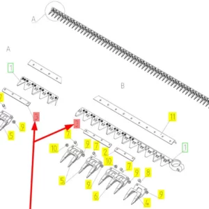 Oryginalna prowadnica bagnetów 4 otworowa o numerze katalogowym 101557670, stosowana w kombajnach zbożowych marki Rostselmash- schemat.