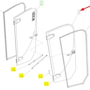 Oryginalne kompletne drzwi lewe o numerze katalogowym 101885345, stosowane w kombajnach zbożowych marki Rostselmash schemat.