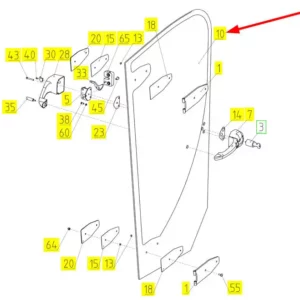 Oryginalna szyba drzwi lewa o numerze katalogowym 101896556, stosowana w kombajnach zbożowych marki Rostselmash schemat.