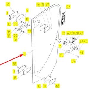 Oryginalna szyba drzwi prawa o numerze katalogowym 101896558, stosowana w kombajnach zbożowych marki Rostselmash schemat.