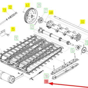 Oryginalne mocowanie ślizgu łańcucha podajnika pochyłego o numerze katalogowym 102167062, stosowane w kombajnach zbożowych marki Rostselmash. schemat