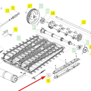 Oryginalny ślizg łańcucha podajnika pochyłego o numerze katalogowym 102167067, stosowany w kombajnach zbożowych marki Rostselmash. schemat