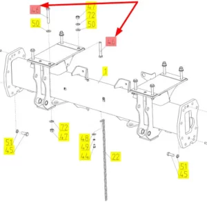 Oryginalna śruba mocowania belki przedniej osi o wymiarach M20 x 140, klasie twardości 10.9 i numerze katalogowym 102401712, stosowana w kombajnach zbożowych marki Rostselmash schemat.