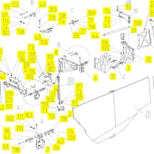 Oryginalna osłona lewa, przednia o numerze katalogowym 102436888, stosowana w kombajnach zbożowych marki Rostselmash. schemat