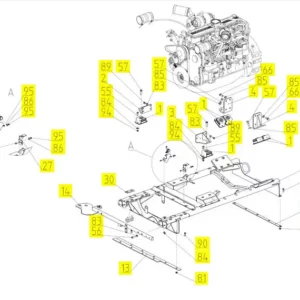 Oryginalne mocowanie silnika o numerze katalogowym 102437107, stosowane w kombajnach zbożowych marki Rostselmash schemat