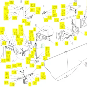 Oryginalna lewa pokrywa o numerze katalogowym 102454990, stosowana w kombajnach zbożowych marki Rostselmash. schemat