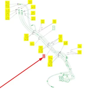 Oryginalny przewód hydrauliczny o numerze katalogowym 102647246, stosowany w kombajnach zbożowych marki Rostselmash schemat