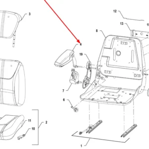 Oryginalny podłokietnik prawy o numerze katalogowym 00071876, stosowany w ciągnikach rolniczych marki Arbos schemat.