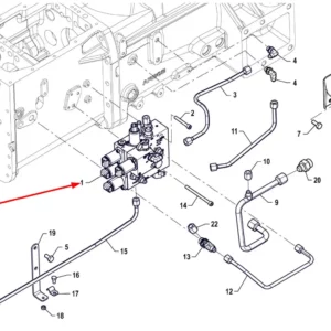 Oryginalny kompletny blok zaworów o numerze katalogowym P5S37801009, stosowany w ciągnikach rolniczych marki Arbos schemat.