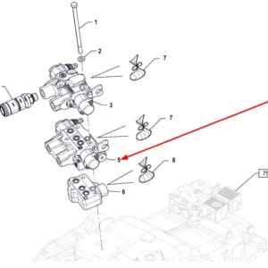 Oryginalny rozdzielacz hydrauliczny z regulatorem przepływu o numerze katalogowym P5S59101012, stosowany w ciągnikach rolniczych marki Arbos schemat.