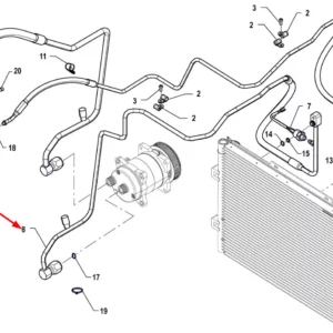 Oryginalny przewód od sprężarki do skraplacza o numerze katalogowym P5S81201136, stosowany w ciągnikach rolniczych marki Arbos schemat.