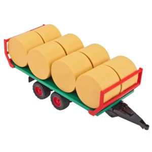 Wykonany w skali 1:16 z wysokojakościowego tworzywa sztucznego model przyczepy do bel Hummer wraz z ośmioma belami marki Bruder o numerze katalogowym U02220. Model o wymiarach 44 x 15